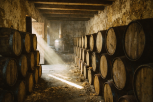 Traditional tequila distillery barrel aging room in Jalisco showing oak barrels, copper pot still, and rustic stone walls with natural lighting