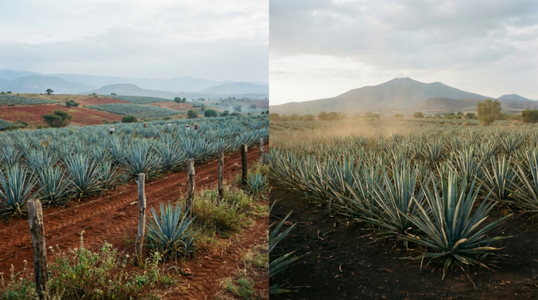 Highlands vs lowlands tequila agave fields comparison showing red volcanic soil in Los Altos and dark clay soil in Tequila Valley Jalisco Mexico demonstrating terroir differences