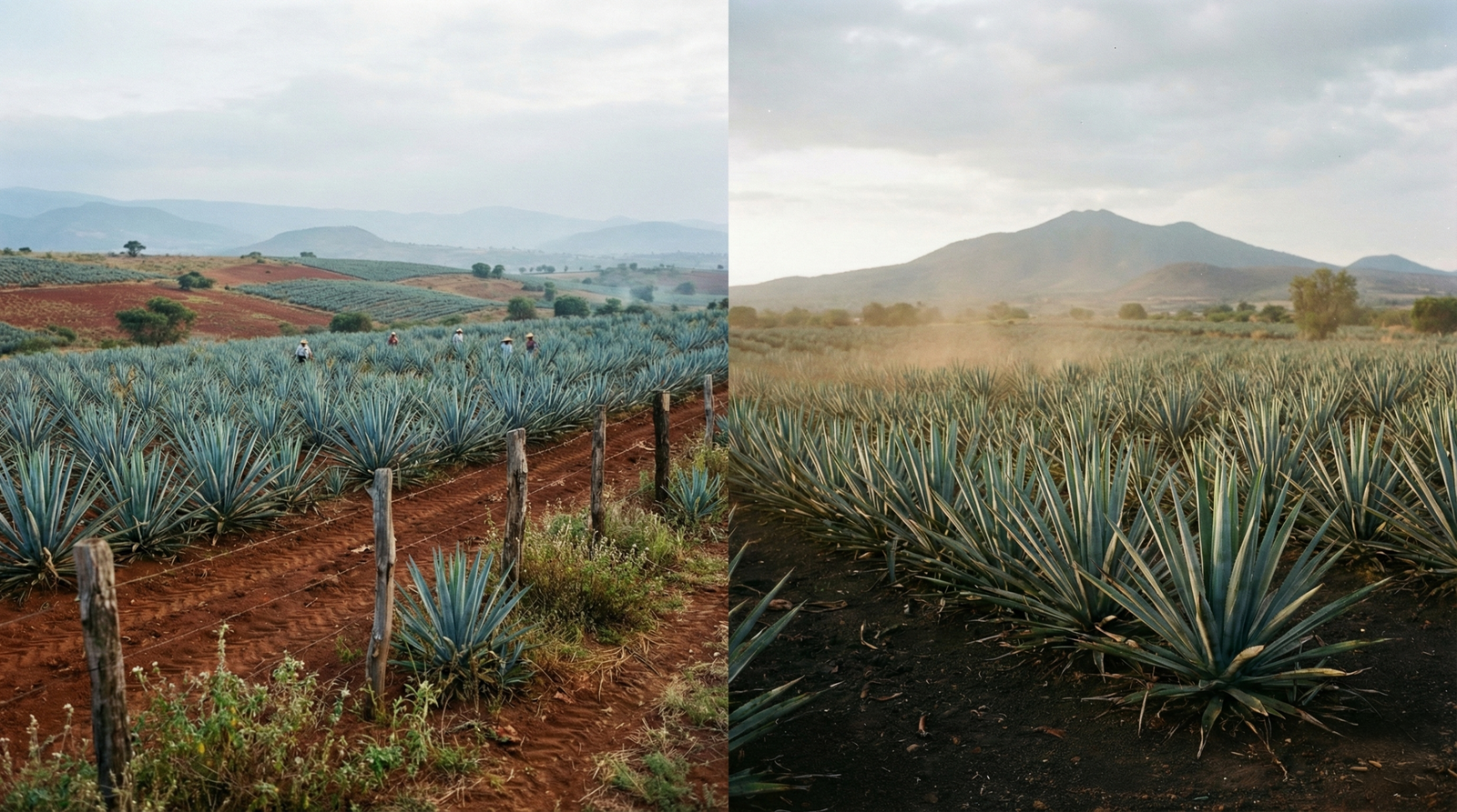 Highlands vs lowlands tequila agave fields comparison showing red volcanic soil in Los Altos and dark clay soil in Tequila Valley Jalisco Mexico demonstrating terroir differences