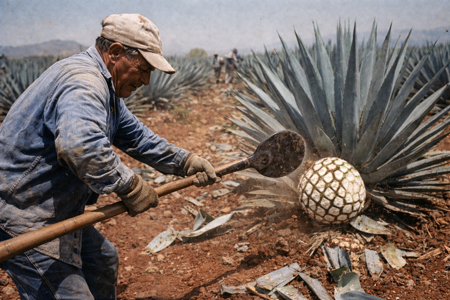 Skilled jimador harvesting mature blue weber agave plant using traditional coa curved blade tool in Jalisco tequila field exposing agave piña heart for tequila production