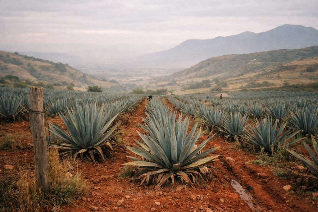 Los Altos de Jalisco highlands region showing mature blue weber agave plants growing in distinctive red volcanic clay soil at high elevation