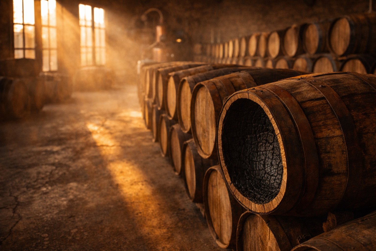Oak barrels aging tequila in Mexican distillery warehouse showing craft tequila aging process bourbon casks