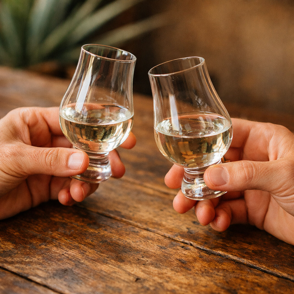 Proper glassware setup for tequila tasting with Glencairn glasses on wooden table