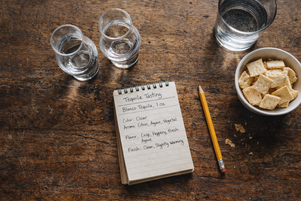 Professional tequila tasting setup showing proper glassware and two blanco tequilas for highlands vs lowlands comparison