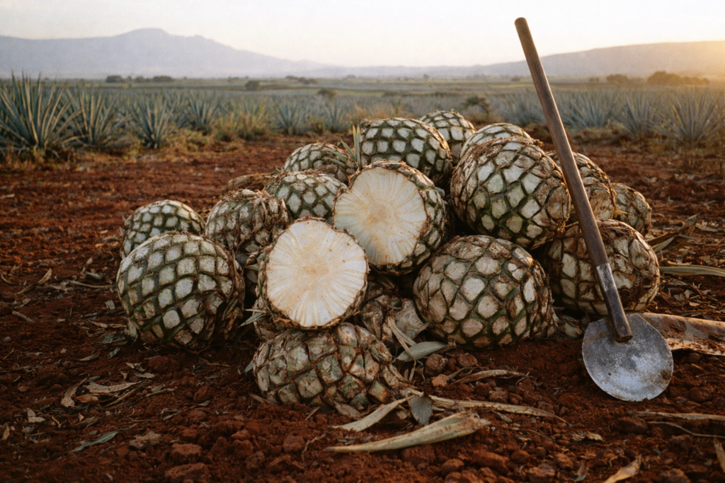 Close-up of diffuser tequila alternative: freshly harvested blue weber agave piñas in a Jalisco highland field