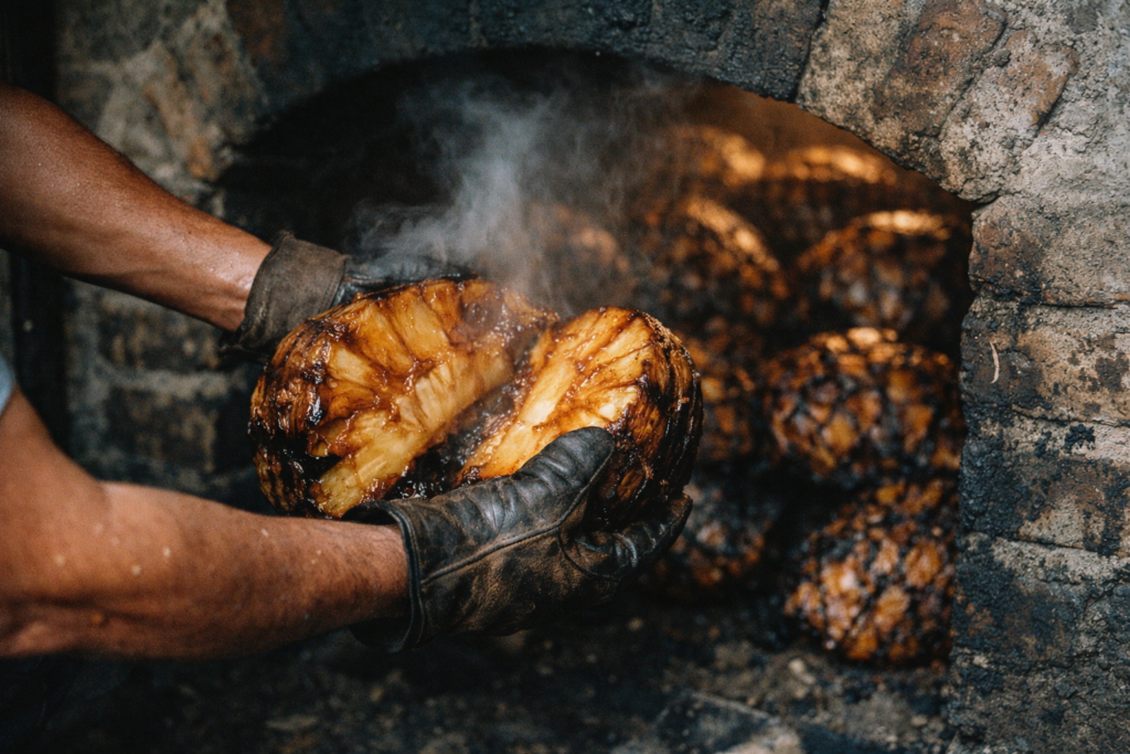 Traditional brick horno oven with roasted agave piñas at a Jalisco tequila distillery